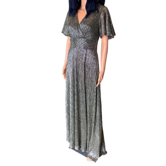 NWT Betsy & Adam Black Silver Metallic V Neck Flutter Sleeve Gown Dress - Picture 5 of 7